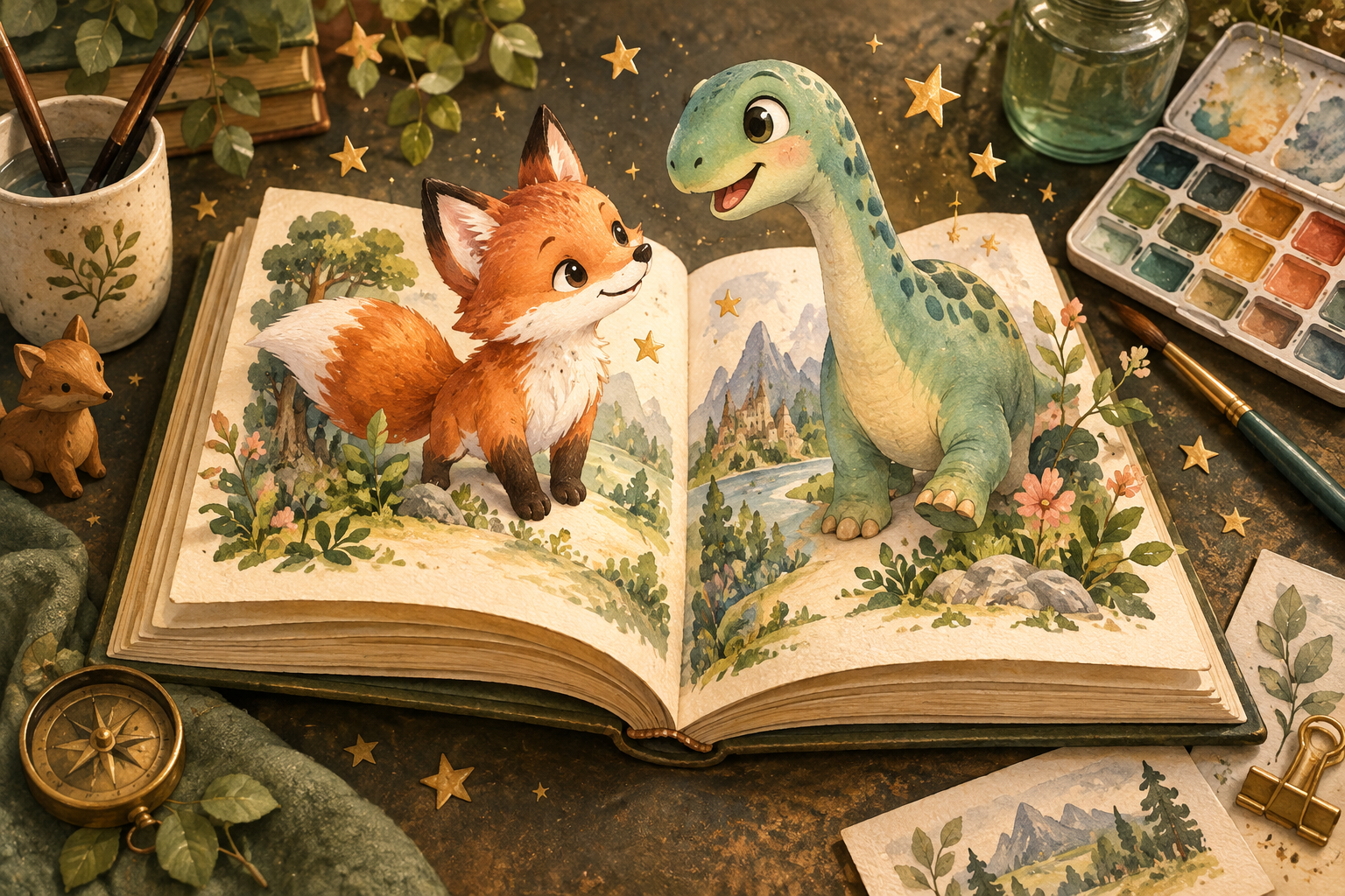 Watercolor animals in an illustrated picture book
