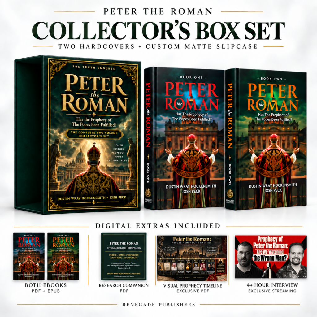Peter the Roman Collector’s Box Set: two hardcovers and a custom matte slipcase, both ebooks, Research Companion PDF, exclusive Visual Prophecy Timeline PDF, and four-plus-hour streaming interview.